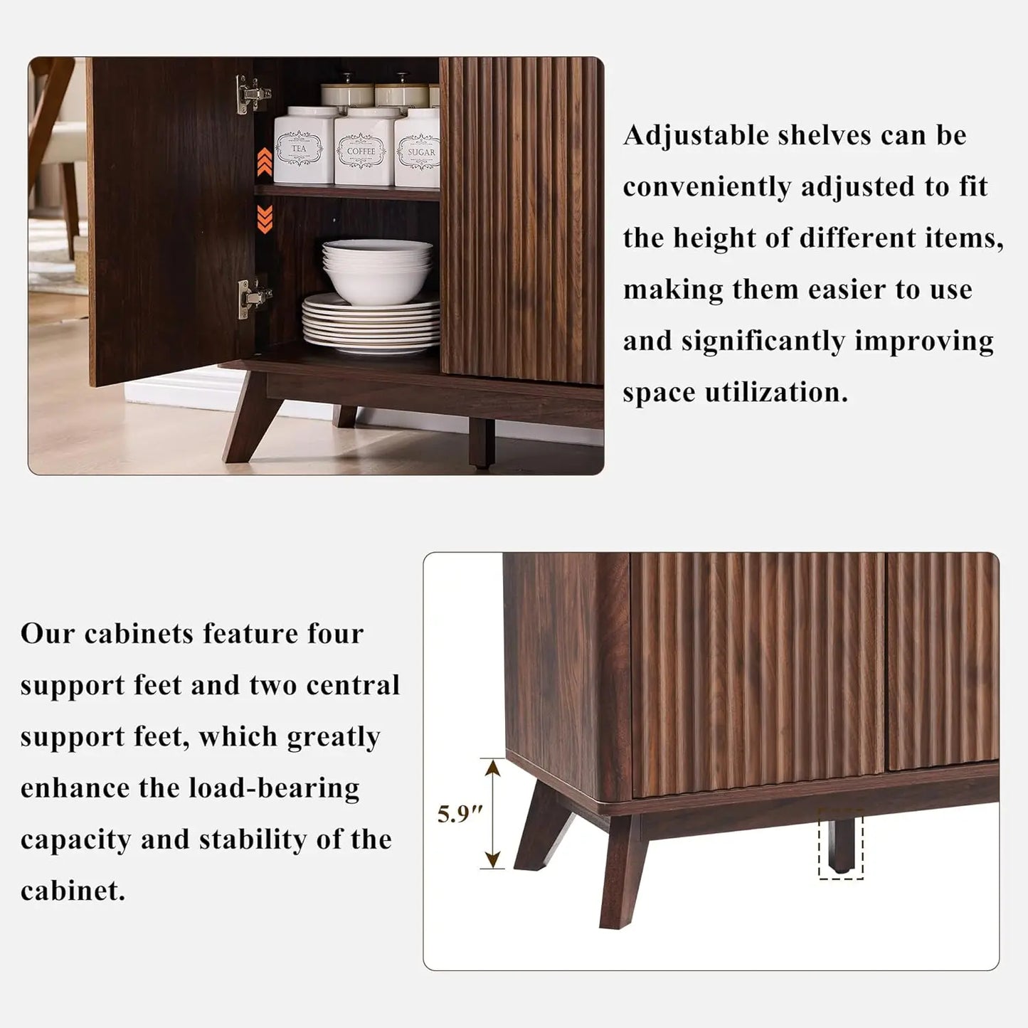 Fluted Buffet Sideboard Cabinet With Storages, Coffee ,Wine Bar Storage Cabinet With 3 Drawers