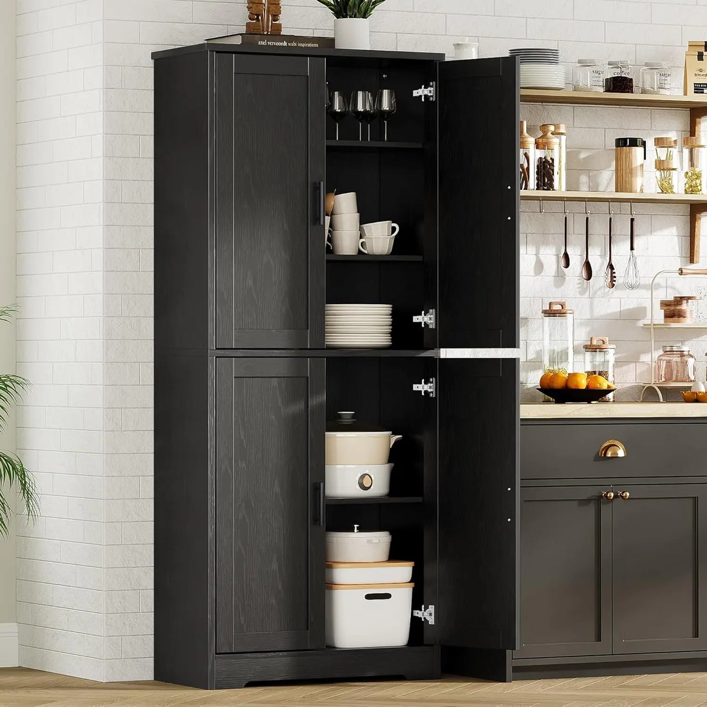 70 Inch Tall Kitchen Pantry Cabinet, Freestanding Storage Cabinet with 4 Doors and Adjustable Shelves,