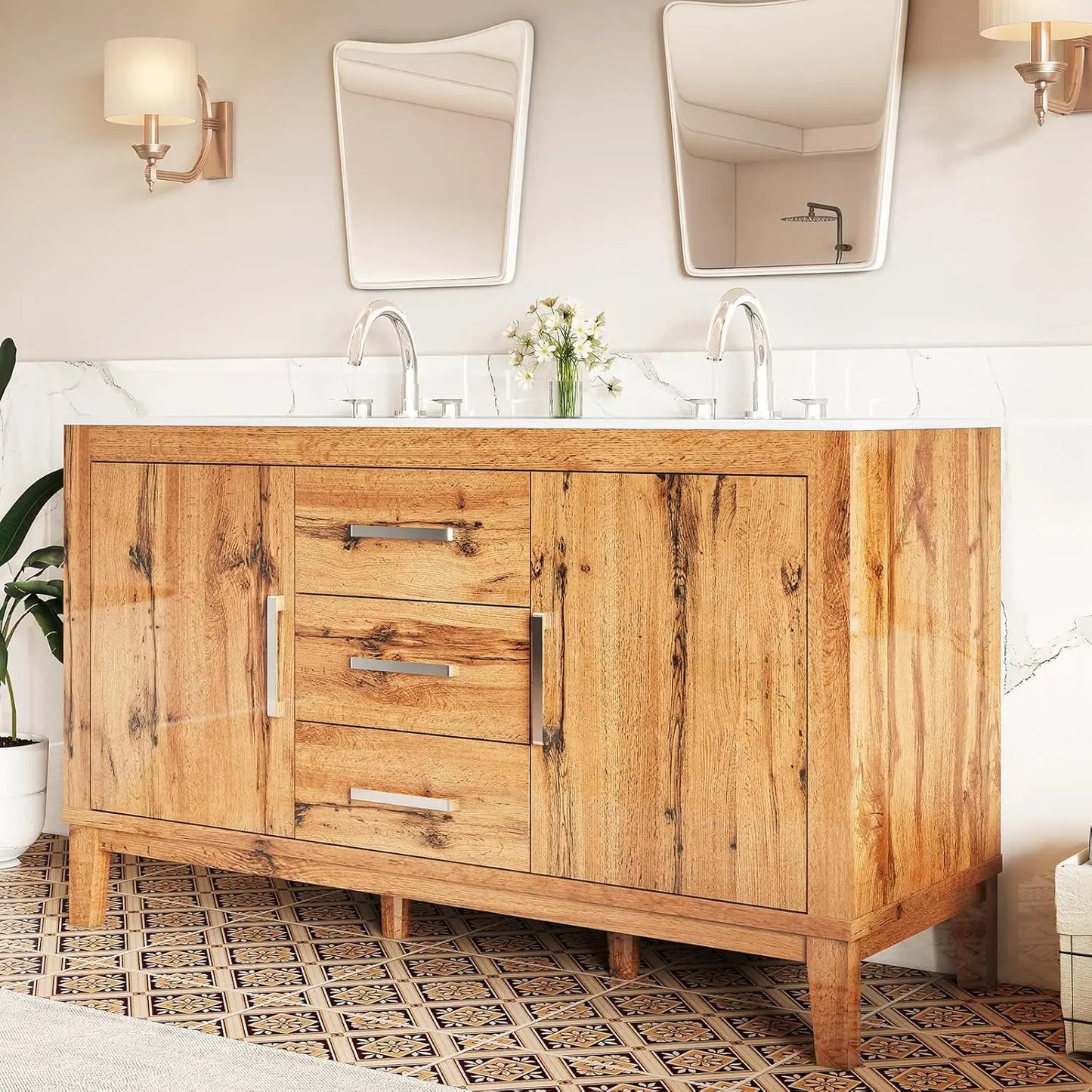 60in Double Bathroom Vanity High Gloss Woodgrain Storage 3 Hole Sink 2 Soft Close Doors Oak
