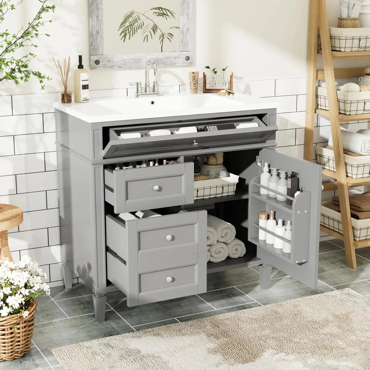 36in Solid Wood Bathroom Vanity with Soft-Close Doors & Tip-Out Drawer Undermount Sink Cabinet Green