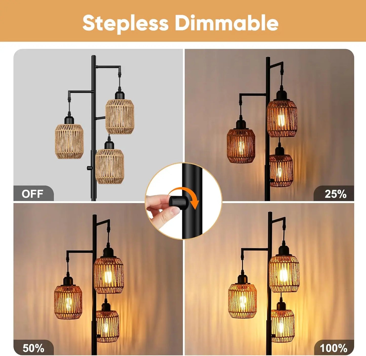 Dimmable Boho Floor Lamp - 3 Light Farmhouse Rattan Design for Living Roomp