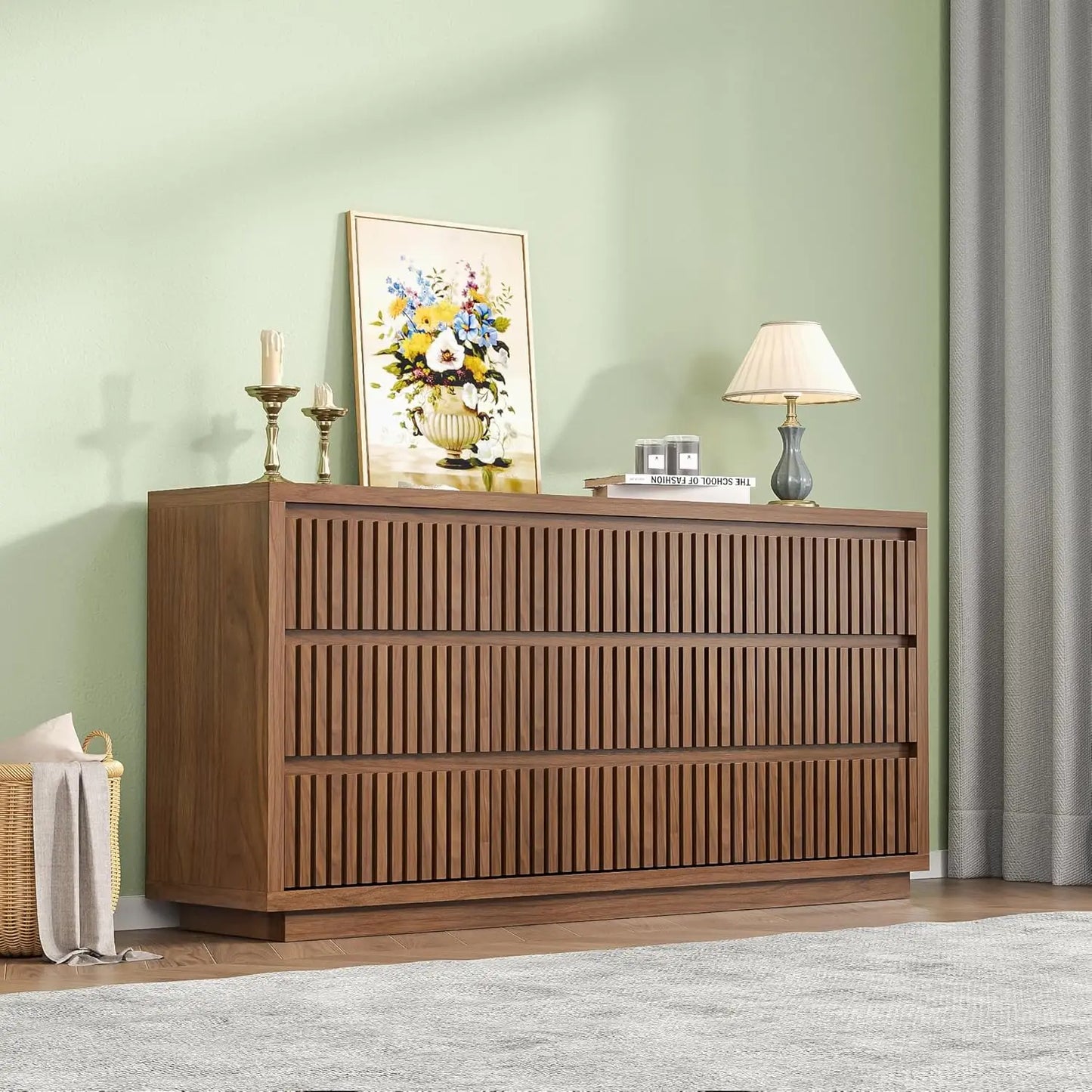 Fluted Long 9 Drawer Dresser, for Bedroom, 58" Wide Vintage Chest of Drawers