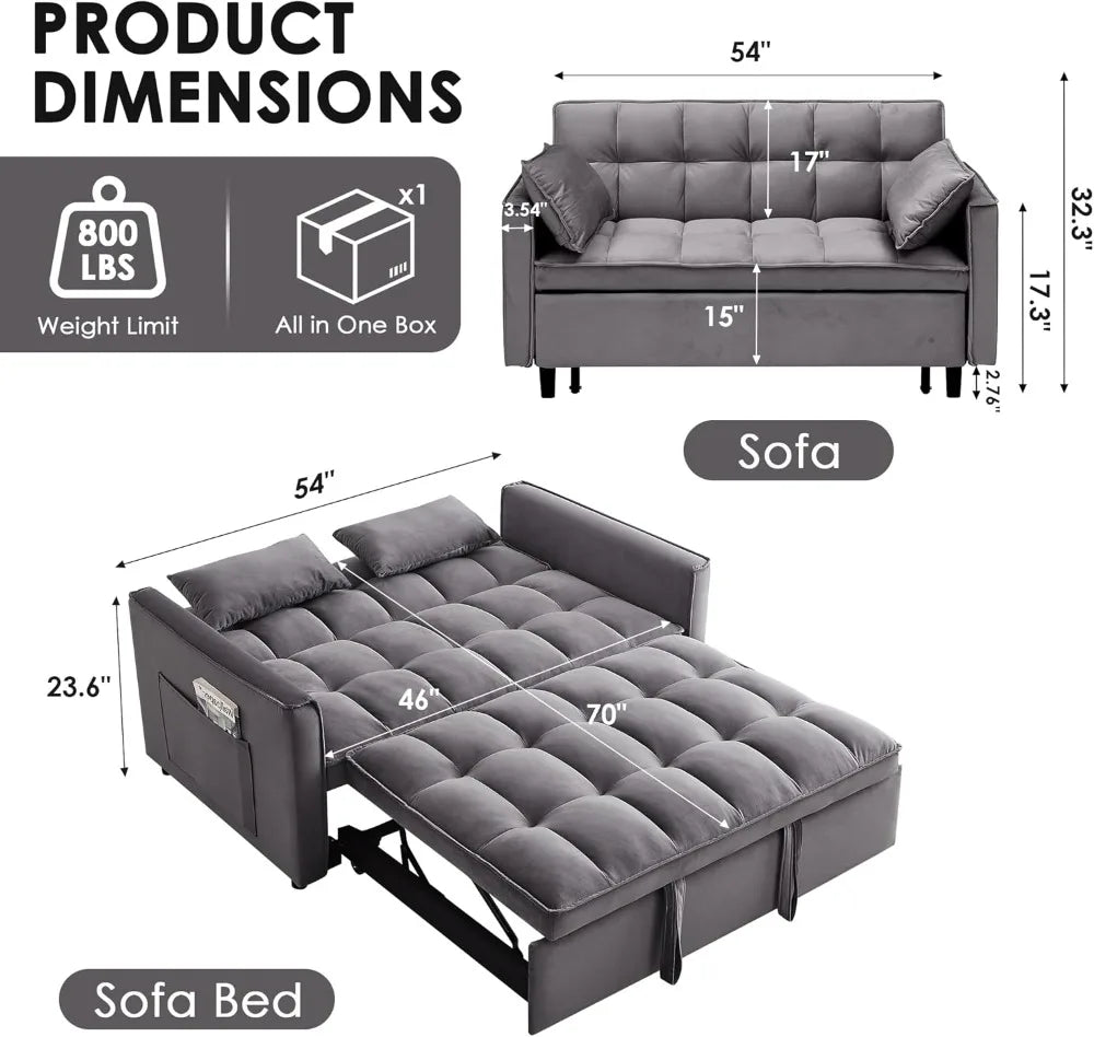 Convertible Sleeper Sofa Bed, 54'' Loveseat with Adjustable Backrest, Velvet Fabric,