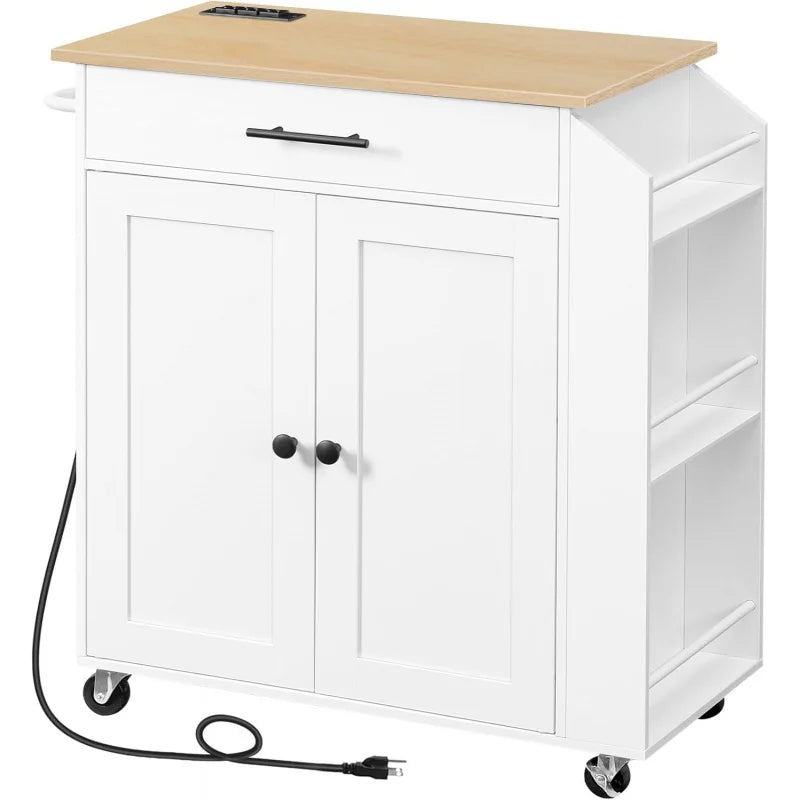 Rolling Kitchen Island with Power Outlet Spice Rack & Drawer Natural & White
