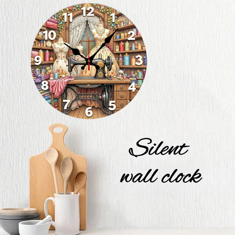 Vintage Sewing Machine Wooden Round Silent Hanging Wall