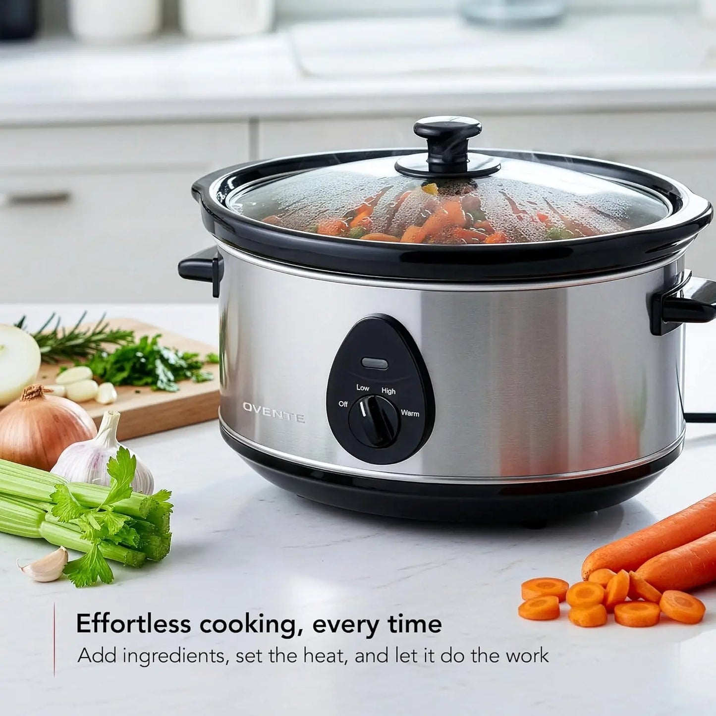 Electric Slow Cooker with 3 Cooking Settings, Non-Stick and Dishwasher Safe Stoneware, StainlSteel