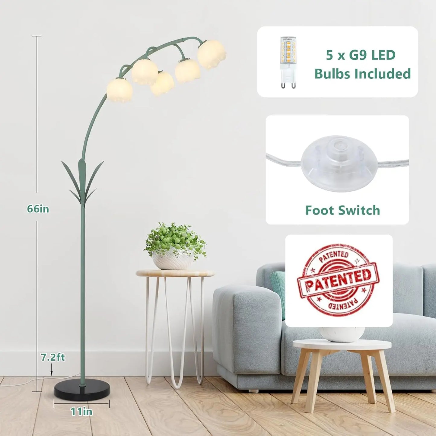 Arc Floor Lamp with 5 G9 LED Bulbs, Foot Switch, Green Floral Design