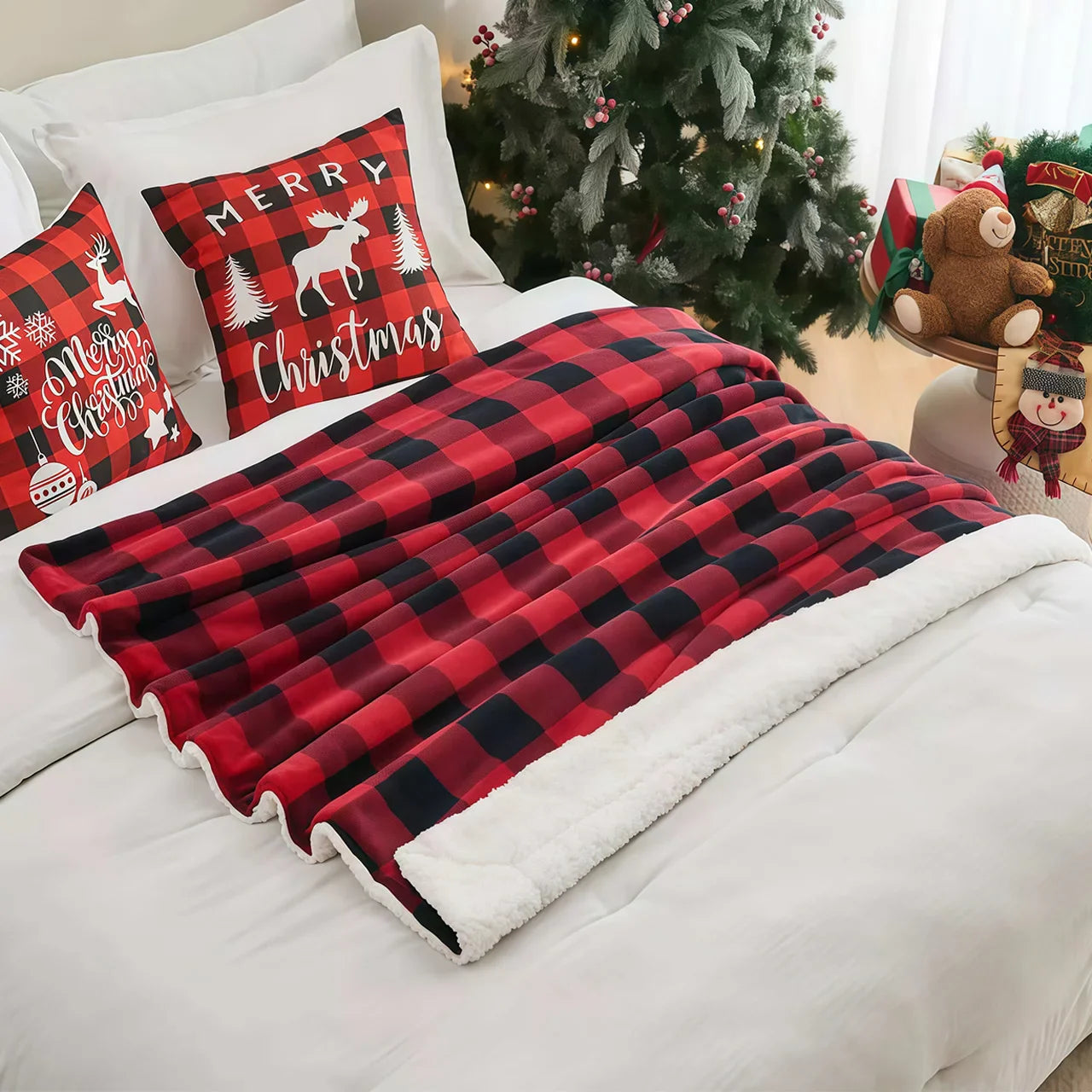 1pc Cozy Sherpa Fleece Buffalo Plaid Blanket -