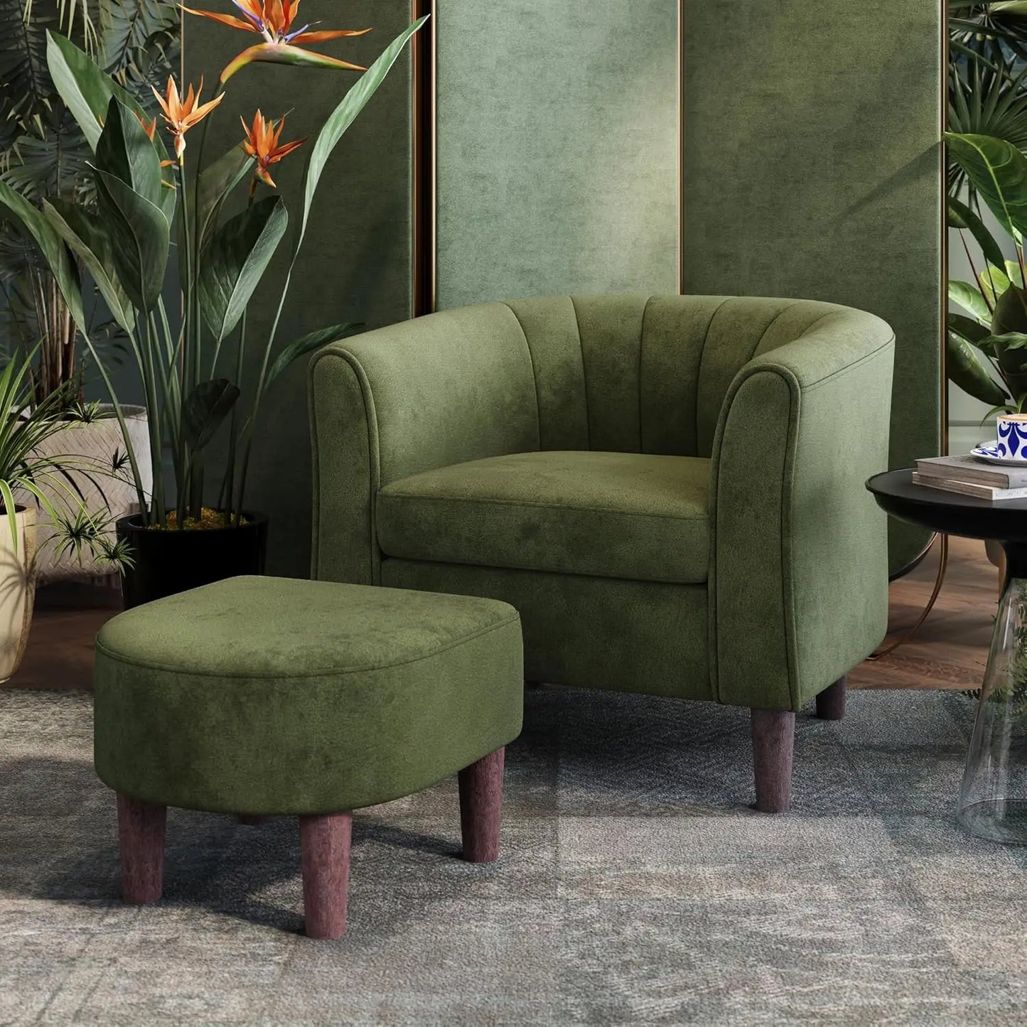 Accent Chair Ottoman Set: Chenille Barrel Chair with Foot Rest,  Upholstered