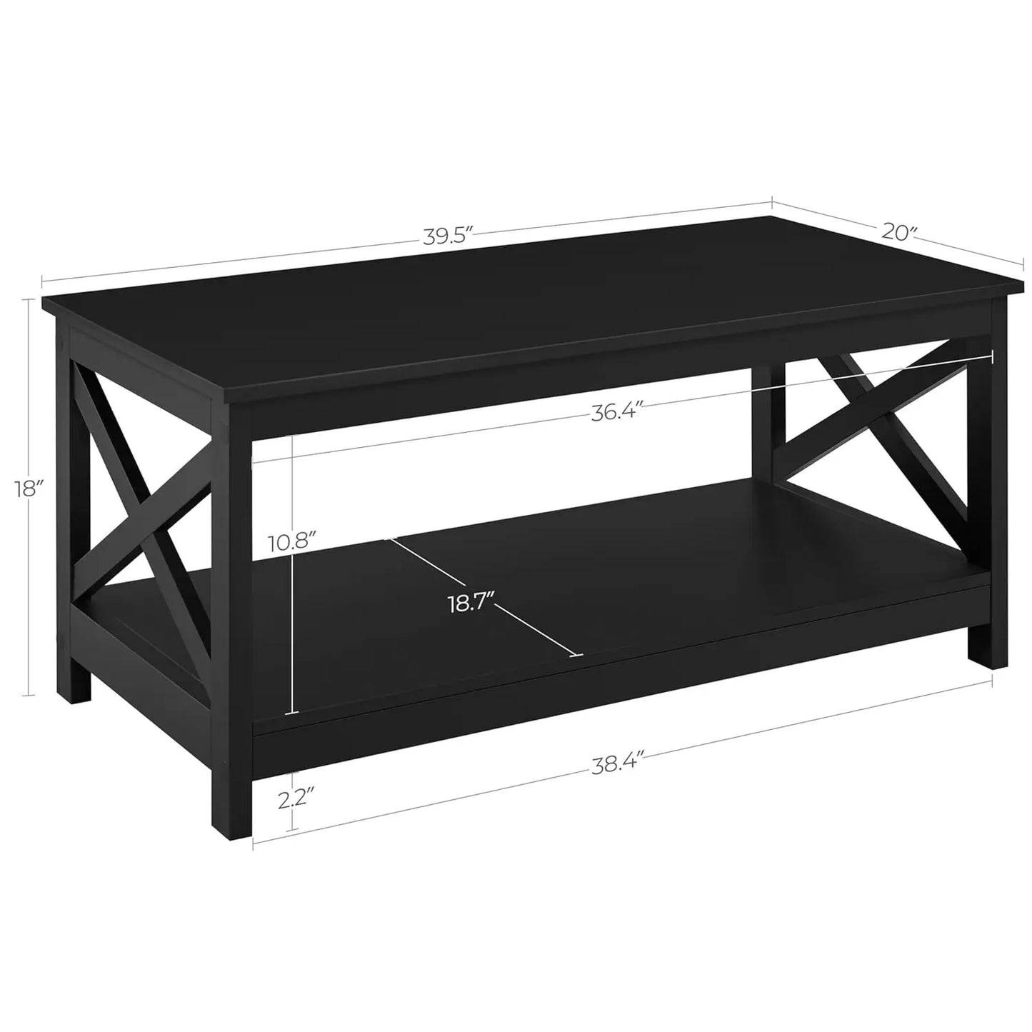 Wood 2-Tier Black Coffee Table with Storage Shelf for Living Room,