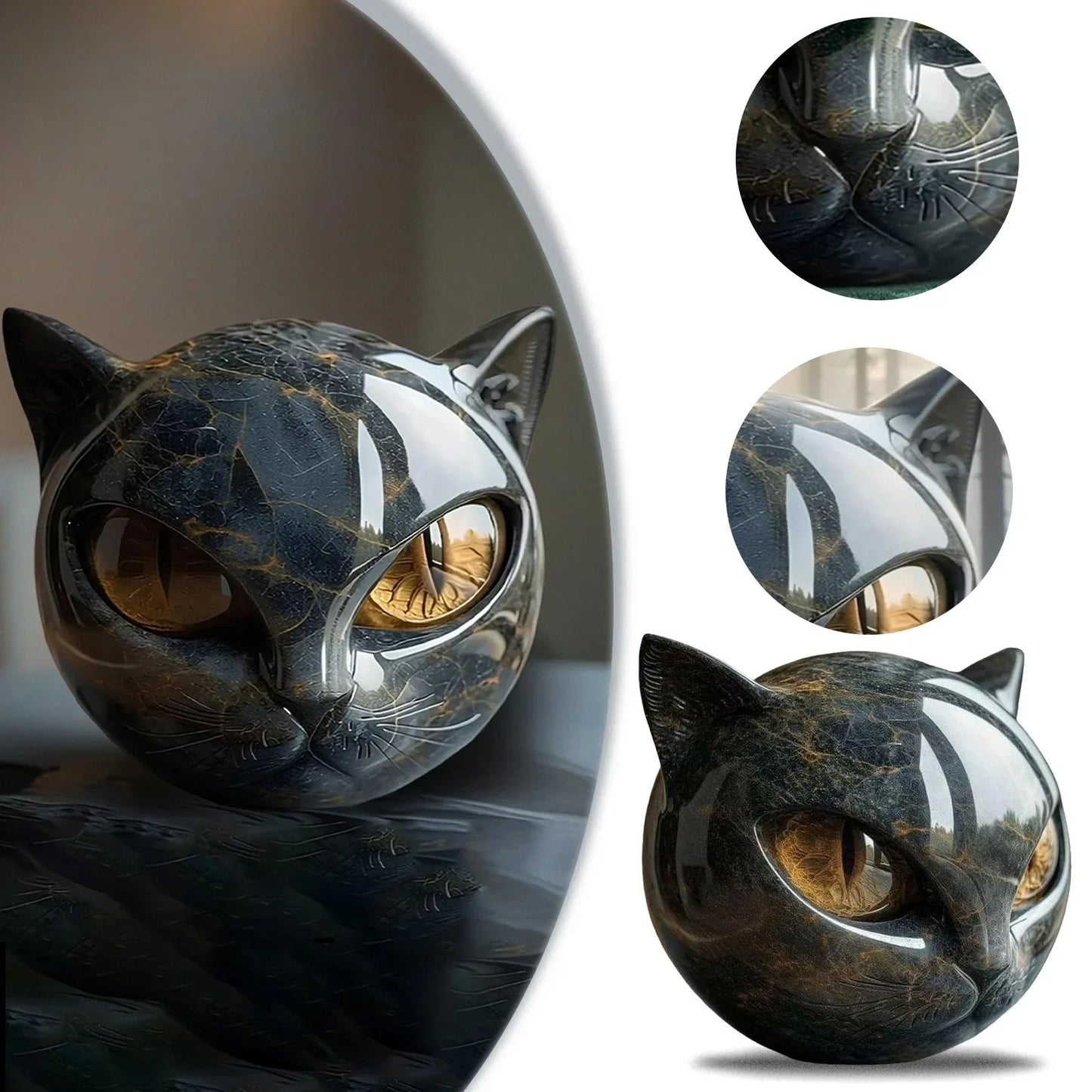 Decorative Black Cat Stone Figurine Resin Cat Head