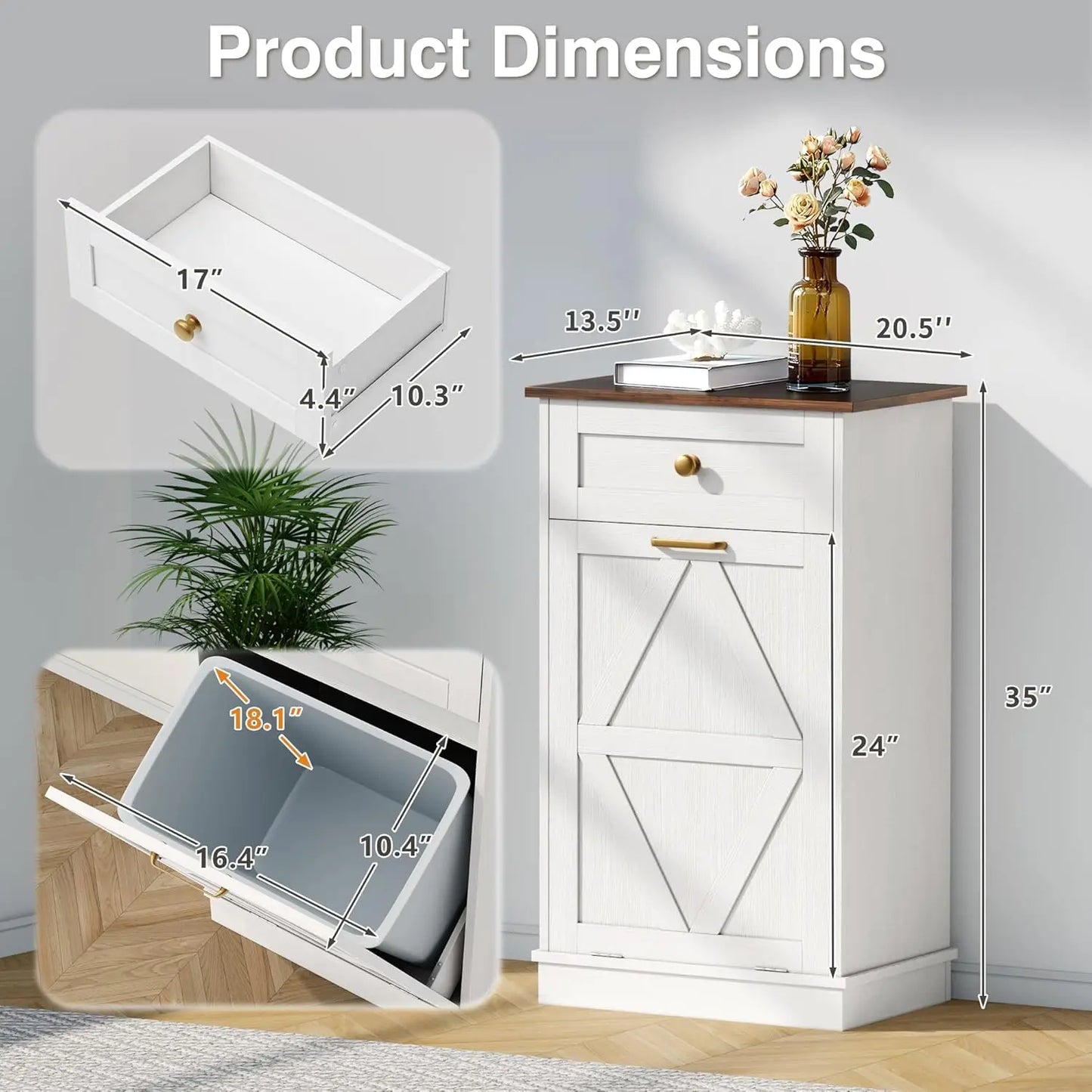 Tilt Out Trash Cabinet 10 Gallon, Woodern Hidden Trash Can Holder, for Kitchen, Laundry Sorter (White)