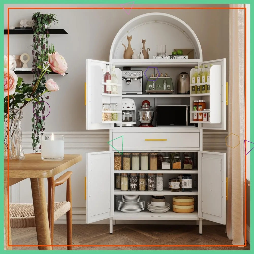73" White Arched Pantry Cabinet with Drawer, Adjustable Shelves for Kitchen Living Room Storage