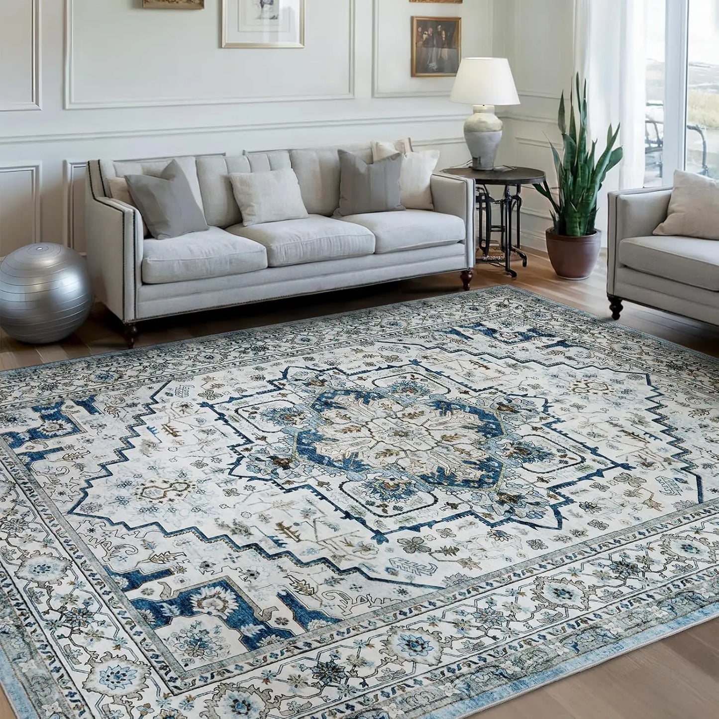 Traditional PersianPattern Carpet Style Floor Mat Blue and White