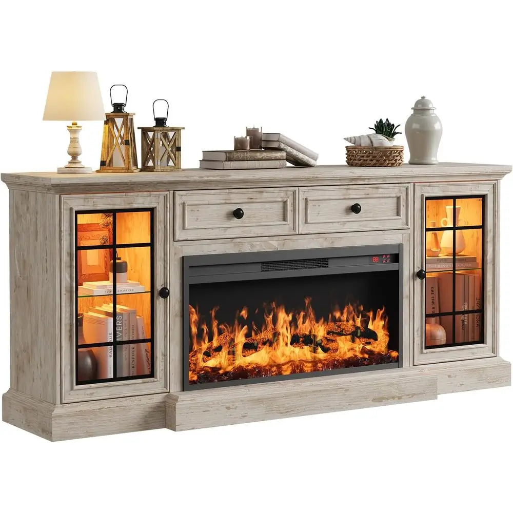 Modern 70 Farmhouse TV Stand with 36 LED Electric Fireplace, Storage Cabinet & Drawer for 80 TVs