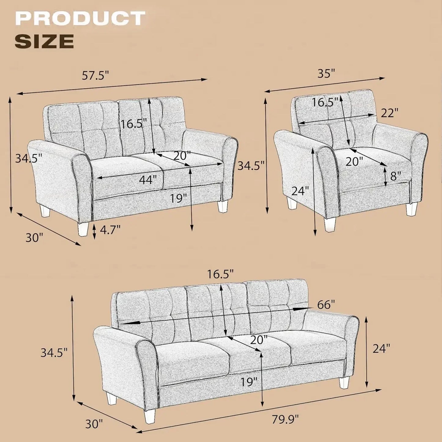 3-Piece Living Room Sectional Sofa Set, Upholstered Armchair Loveseat Sofa and Three Seat Sofa