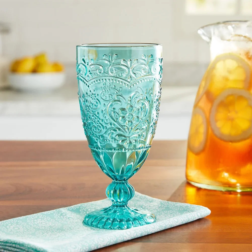 Amelia Teal Goblet Set of 4 Vintage Inspired Glasses Elegant Drinkware