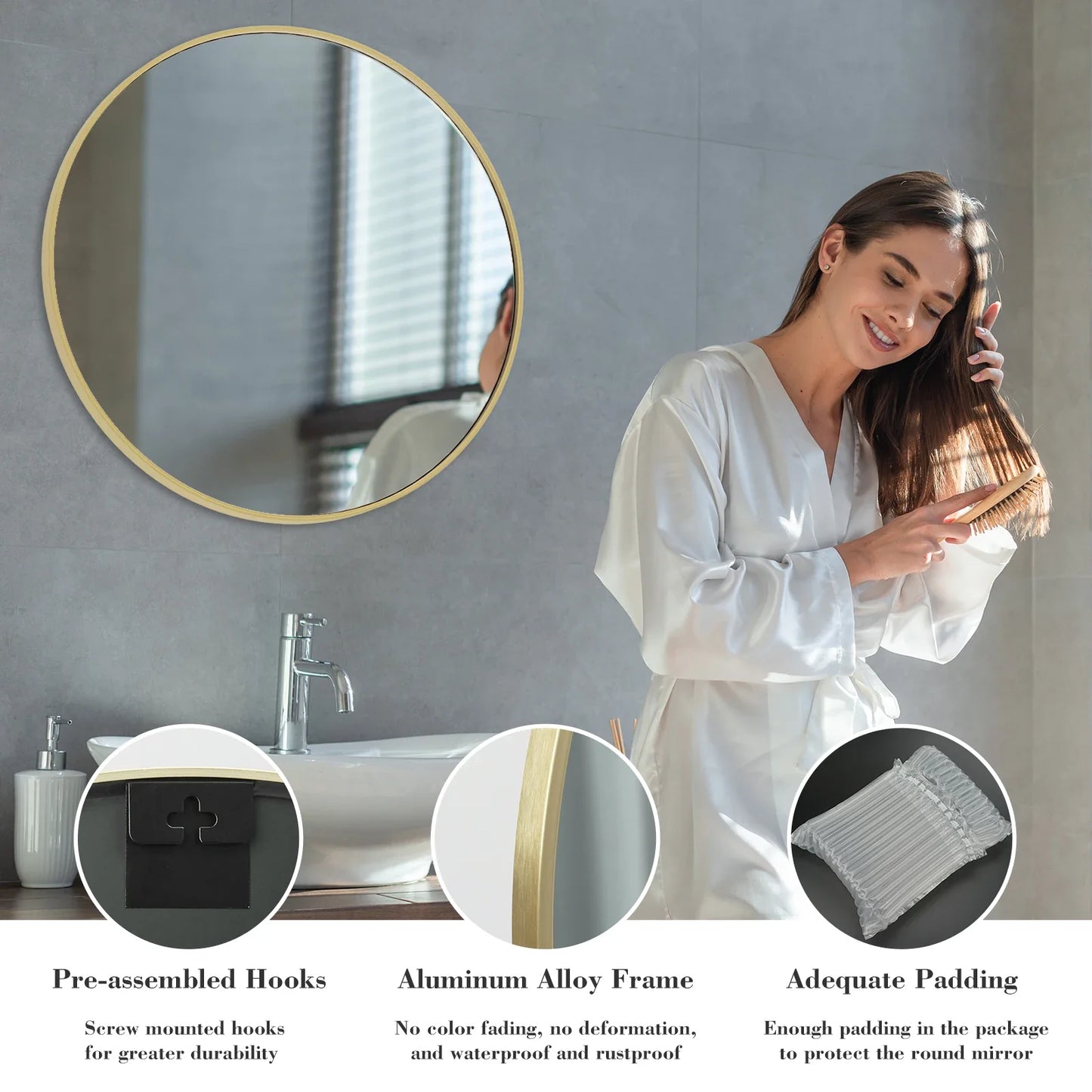JHK 30 Inch Large Gold Round Vanity Framed Mirror for Wall