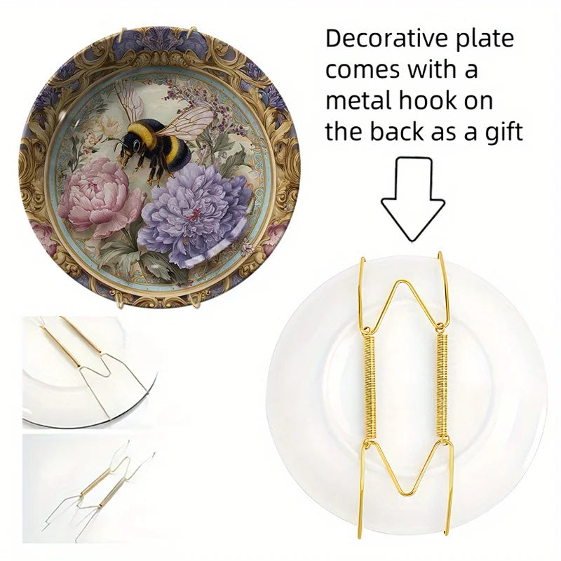 1pc Hand-Painted Bee & Floral Ceramic Plate - Round Wall-Mountable or Tabletop