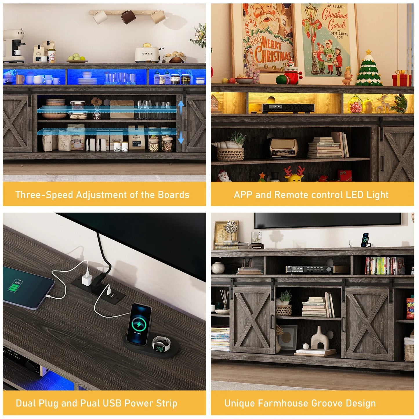 TV Stand Farmhouse Coffee Bar Cabinet Rustic Sliding Barn Door Cabinet with Power Outlet & LED Light