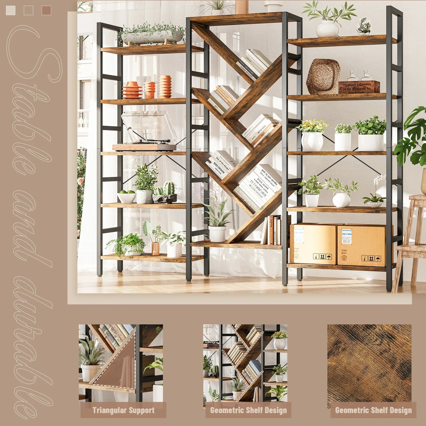 Triple 5 Tier Bookshelf, Large Wooden Bookcase with 17 Open Display Shelves Metal Frame