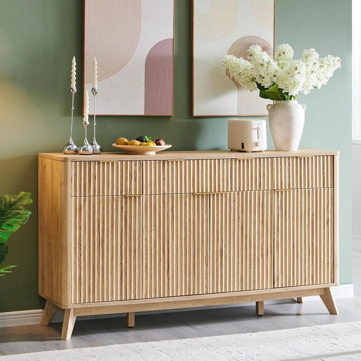 Fluted Buffet Sideboard Cabinet With Storages, Coffee ,Wine Bar Storage Cabinet With 3 Drawers