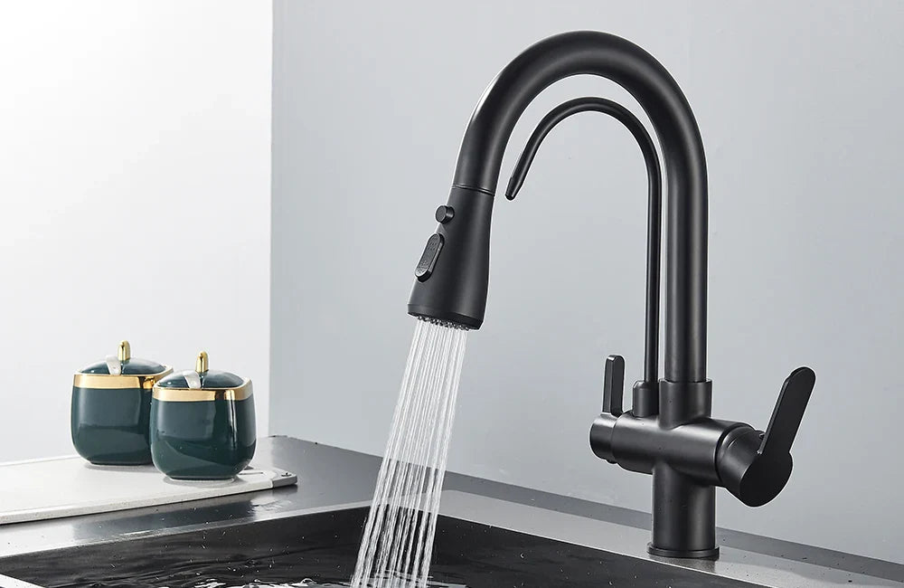 Quyanre Matte Black Filtered Crane For Kitchen Pull Out Spray 360 Rotation Water Sink Mixer Kitchen Faucet