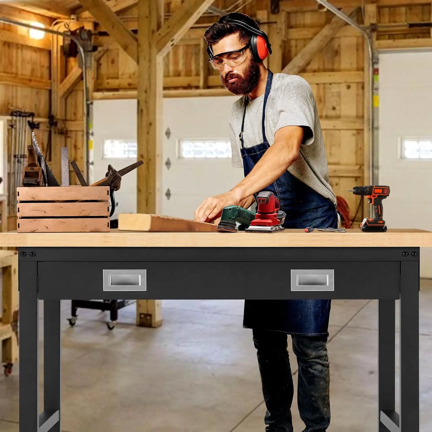 48” Adjustable Workbench with Drawer Storage,for Garage with Rubberwood Top,2000 LBS Capacity