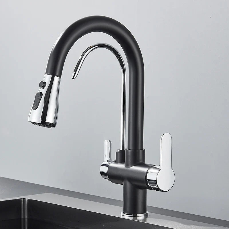 Quyanre Matte Black Filtered Crane For Kitchen Pull Out Spray 360 Rotation Water Sink Mixer Kitchen Faucet