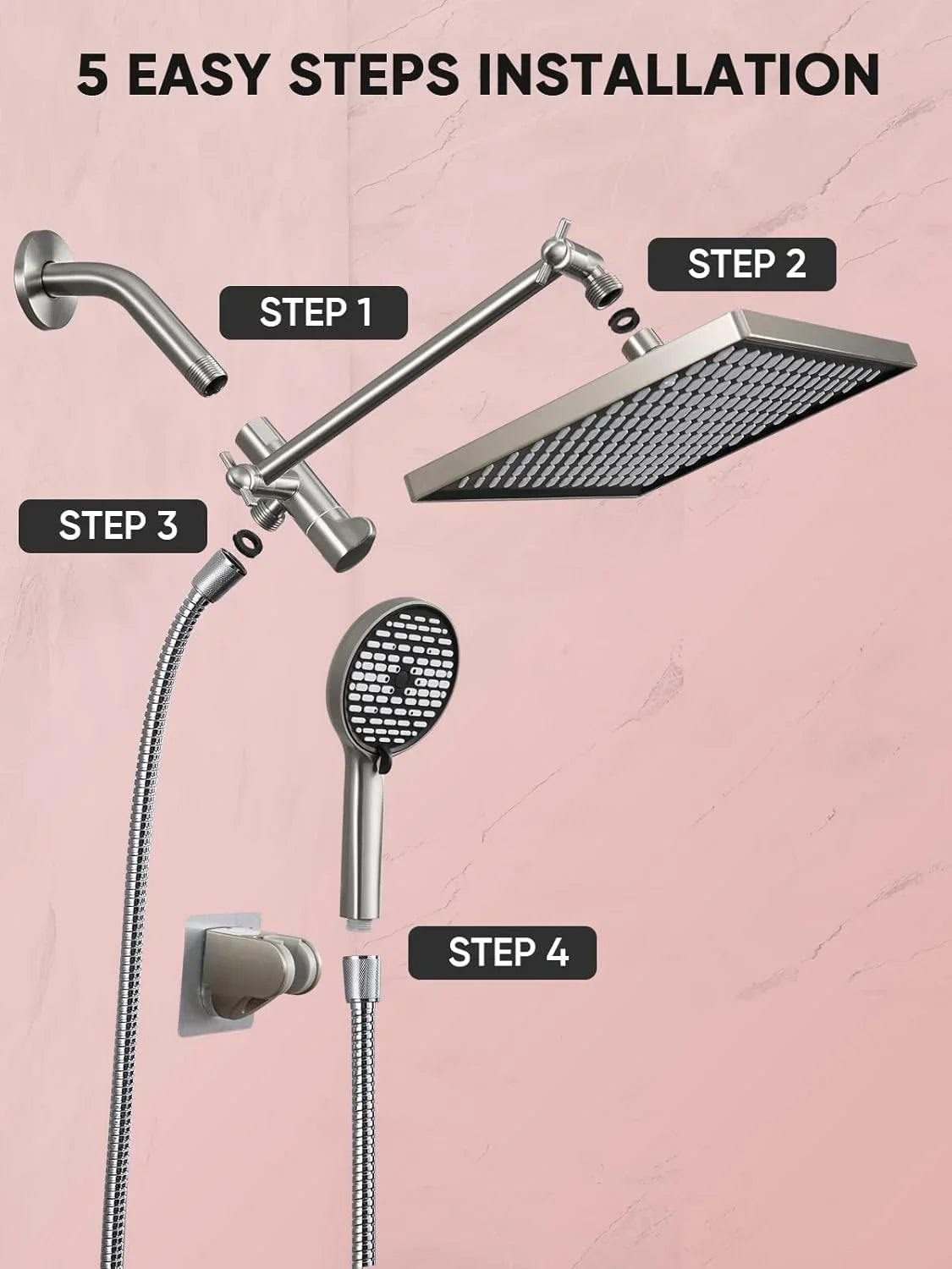 11.8-inch rain shower head, 6-mode handheld spray, high-pressure shower combination, with 11-inch adjustable extension arm,
