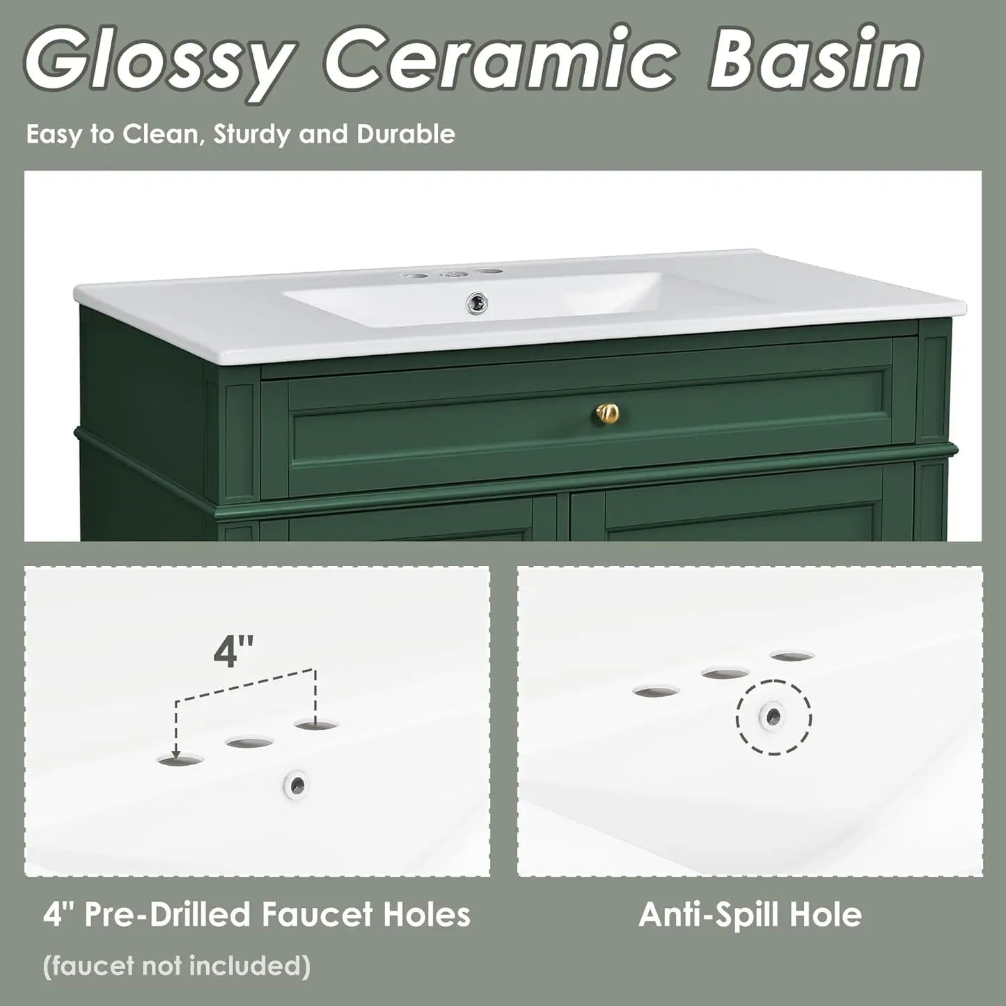 36in Solid Wood Bathroom Vanity with Soft-Close Doors & Tip-Out Drawer Undermount Sink Cabinet Green