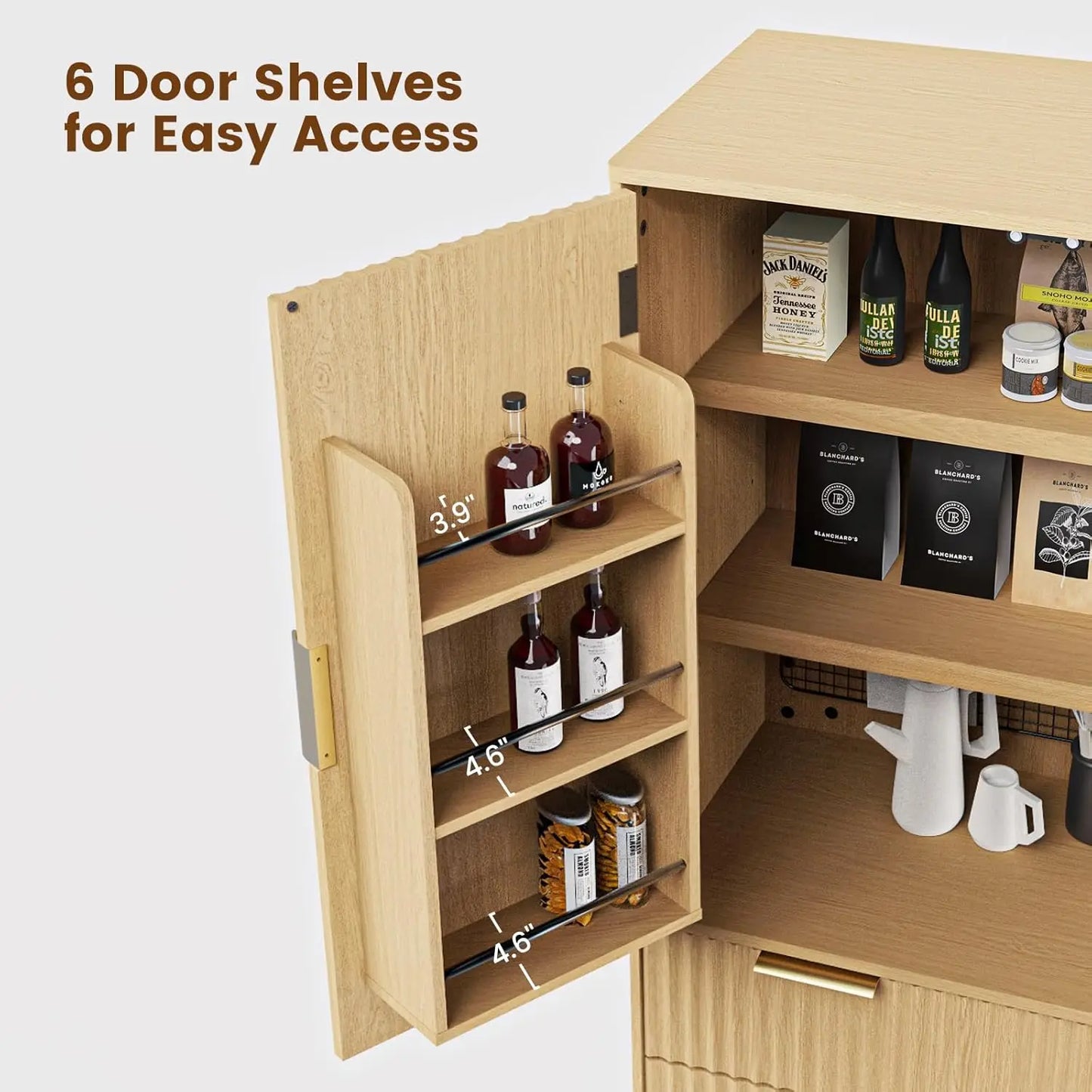 72" Tall Fluted Pantry Cabinet with Adjustable Shelves,  - Natural Oak Kitchen Storage