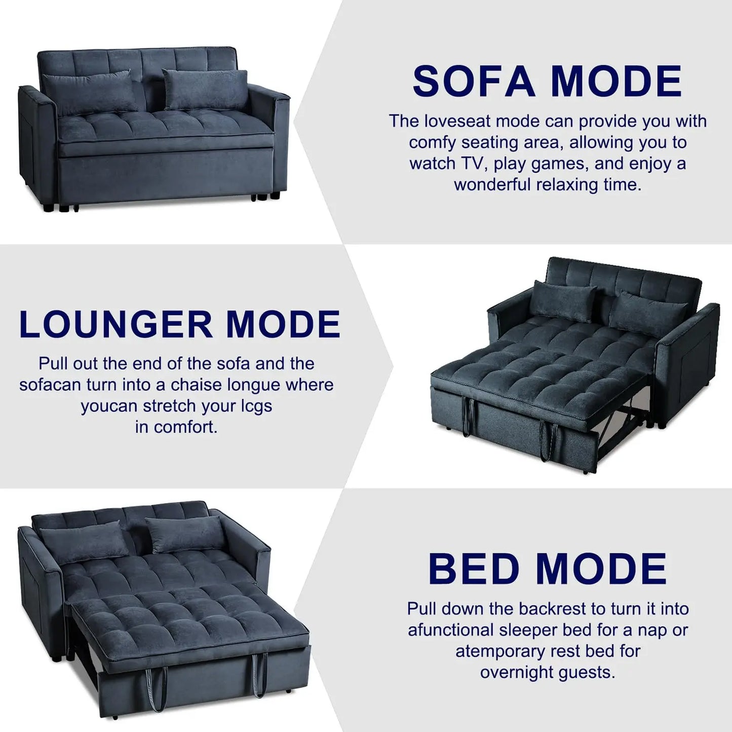 3 in 1 Convertible Sleeper Sofa Bed, Futon Couches for Living Room with Side Pocket