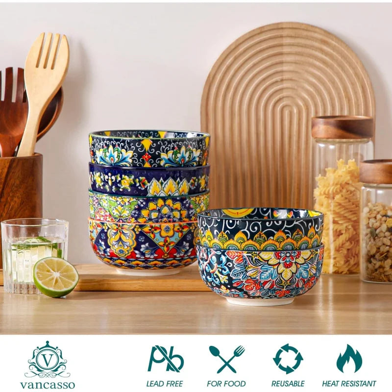 Bohemian Ceramic Bowl Set of 6 (28 Oz) - Colorful Soup, Cereal, Pasta, Salad, Fruit Bowls