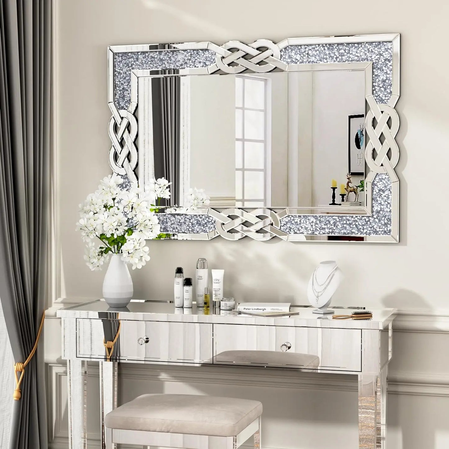 Large Crystal Crush Diamond Mirror Decorative Wall Hang Mirror for Bedroom Hallway Living Room