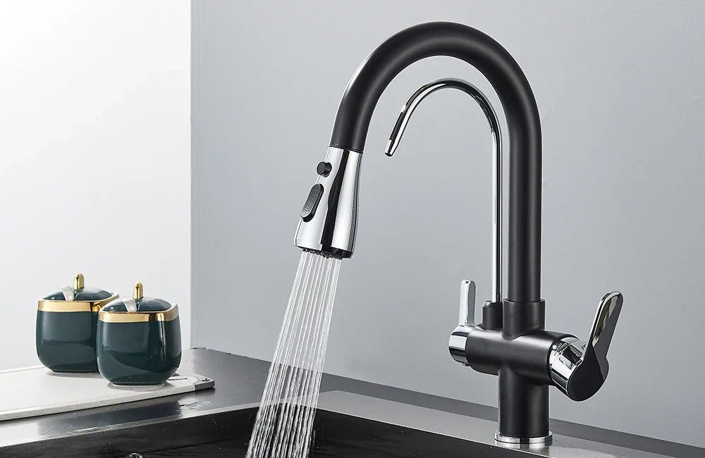Quyanre Matte Black Filtered Crane For Kitchen Pull Out Spray 360 Rotation Water Sink Mixer Kitchen Faucet