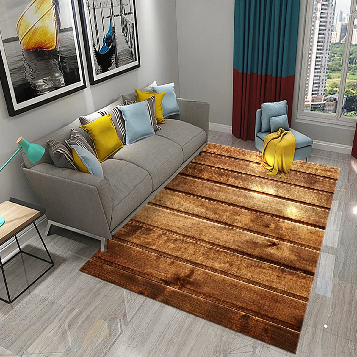 Rectangular Staggered 3d Planks Carpet Geometric Wood Grain Non-Slip Floor Rug