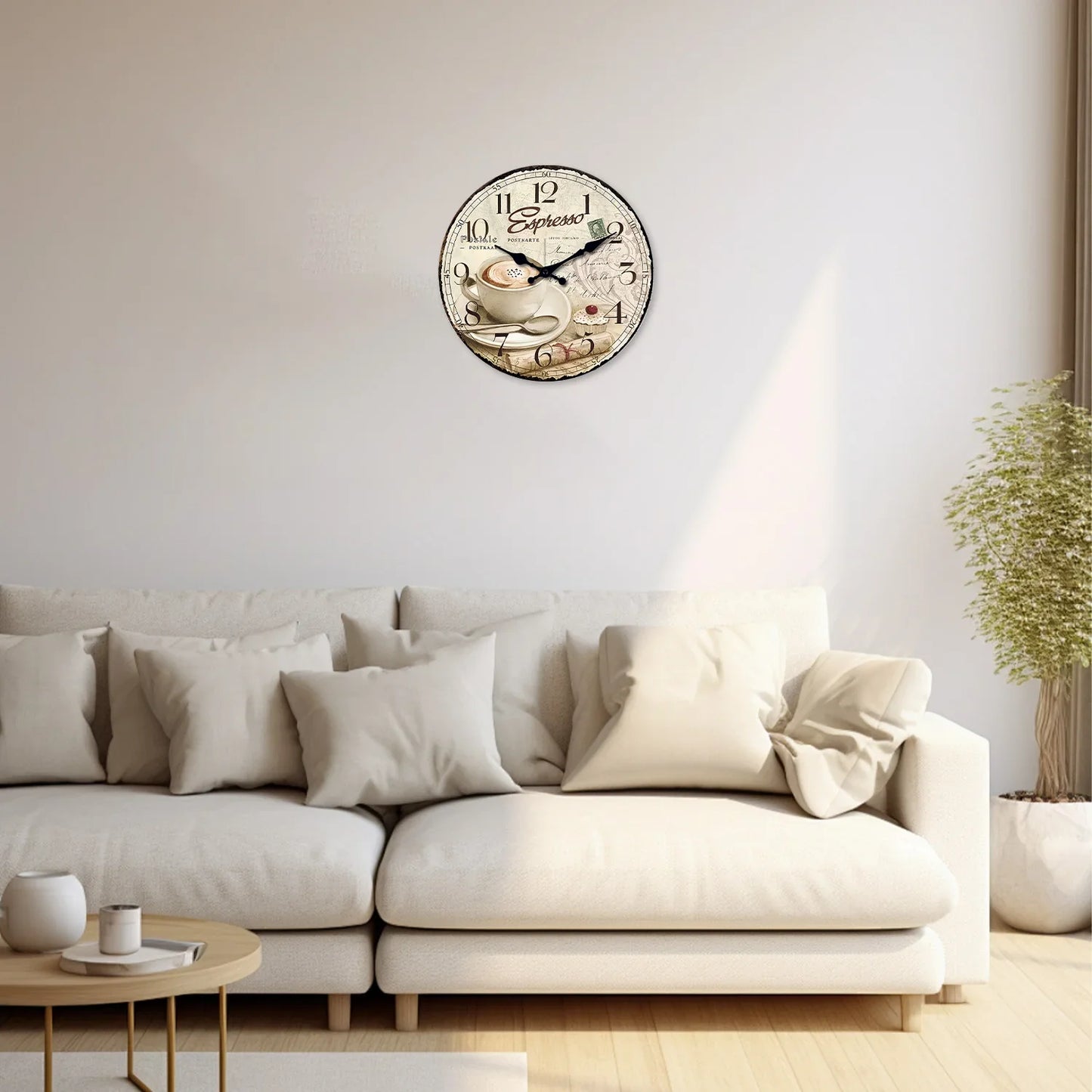 European Retro Coffee Cup Pattern Wooden Wall Clock for Kitchen, Home Decoration, Silent Quartz Clock,