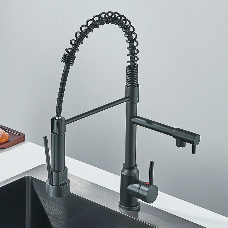 Black Kitchen Faucet With Pull Down Spring Sprayer Deck Mounted Hot and Cold Water Mixer