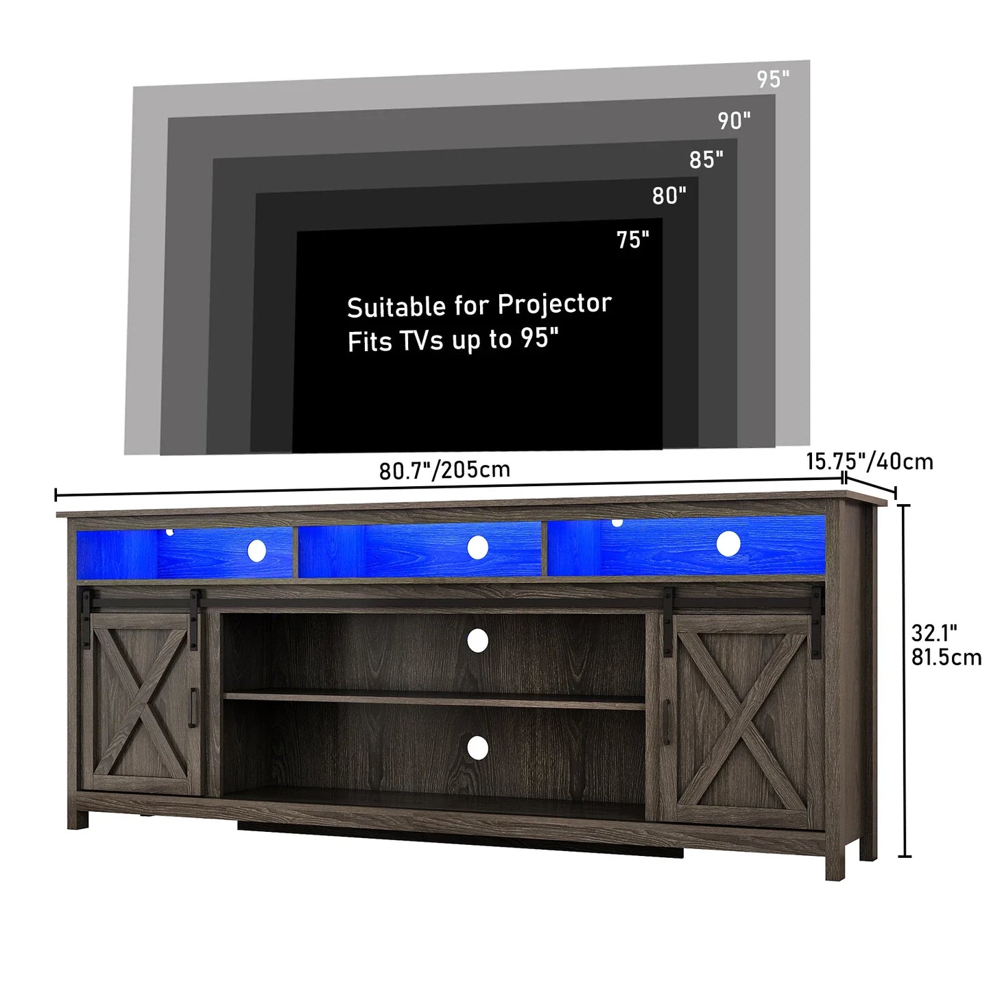 TV Stand Farmhouse Coffee Bar Cabinet Rustic Sliding Barn Door Cabinet with Power Outlet & LED Light
