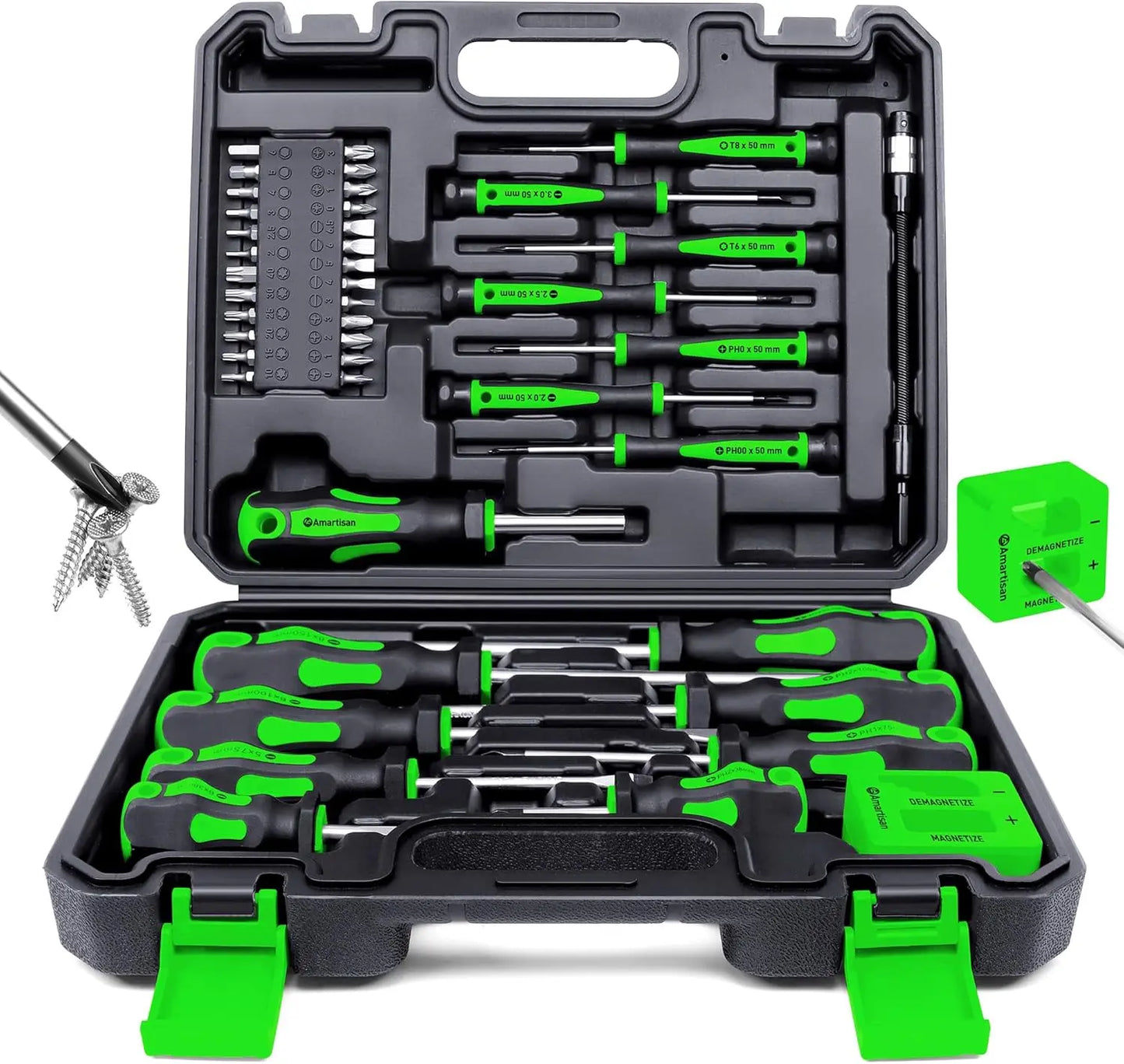 Magnetic Screwdriver Set, 43-Piece with Case, Includes Slotted, Phillips, Hex, Pozidriv, Torx - Green