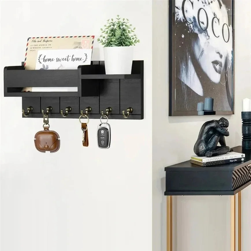 Rustic Wood Key Holder with Shelf Wall Mounted Decorative Key Rack  6 Key Hooks