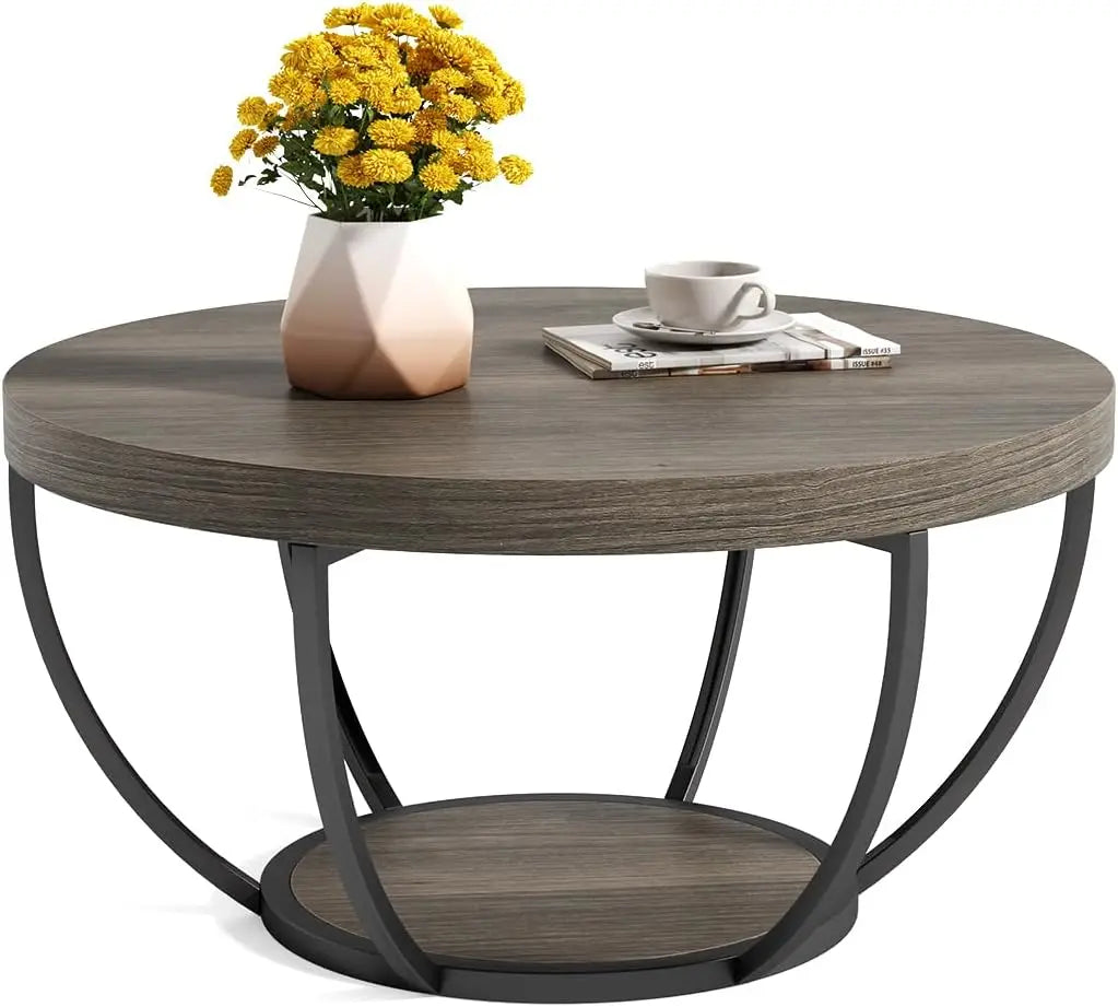 32" Circle Marble Coffee Tables, 2-Tier Golden Metal Legs