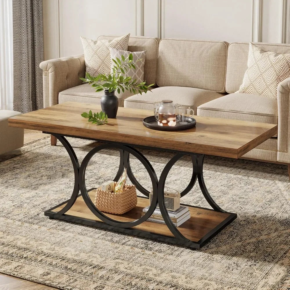 47" Rustic Farmhouse Coffee Table - 2-Tier Wooden Rectangle Center Table