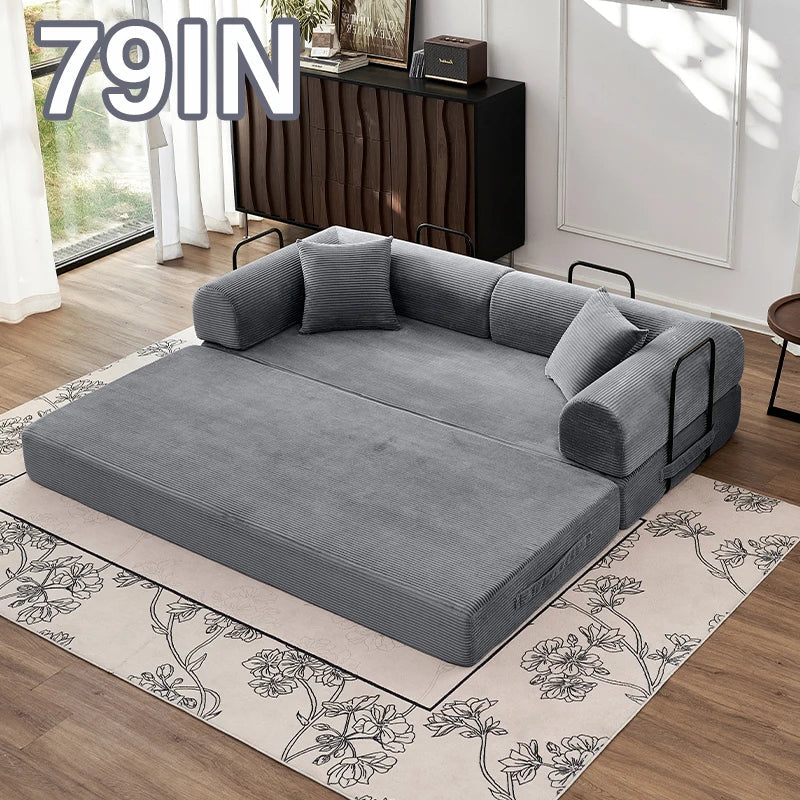 79" Convertible Sofa Bed with Fixed-Shape Frame & Removable Armrests, Modular Corduroy