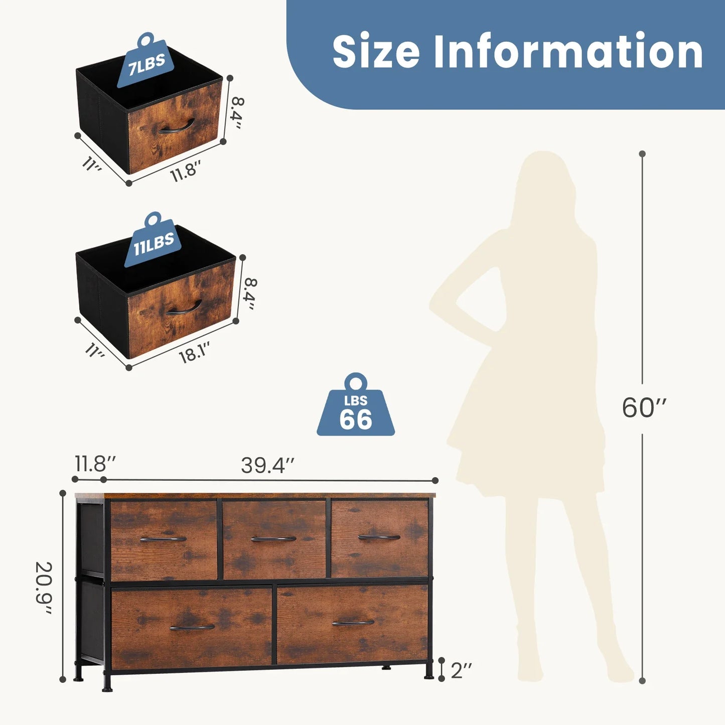 JHK Living Room Display Cabinet Layers With 5 Fabric Drawers  Clothes Storage Dresser