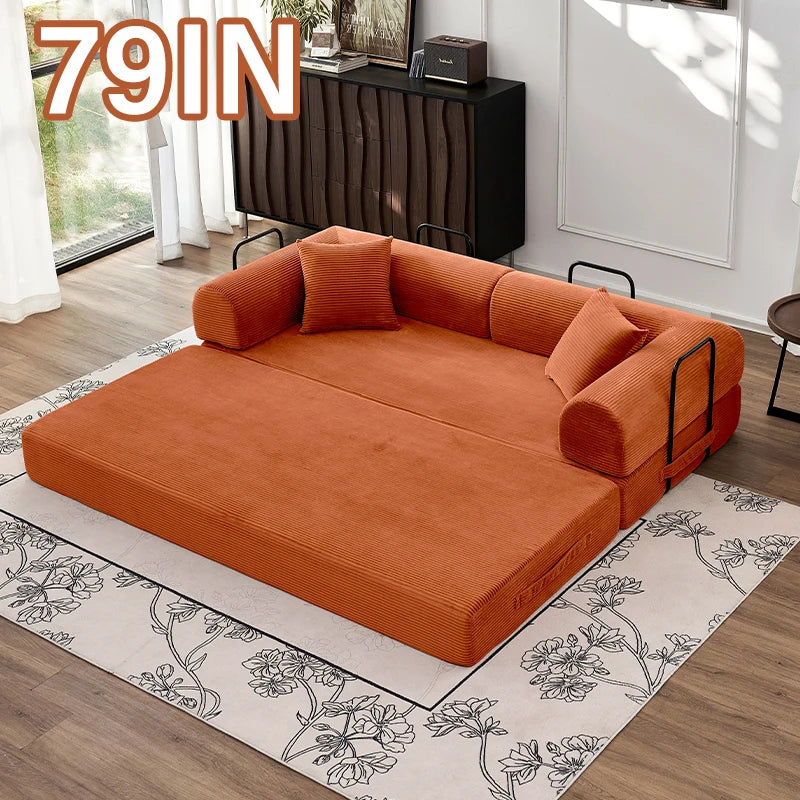 79" Convertible Sofa Bed with Fixed-Shape Frame & Removable Armrests, Modular Corduroy