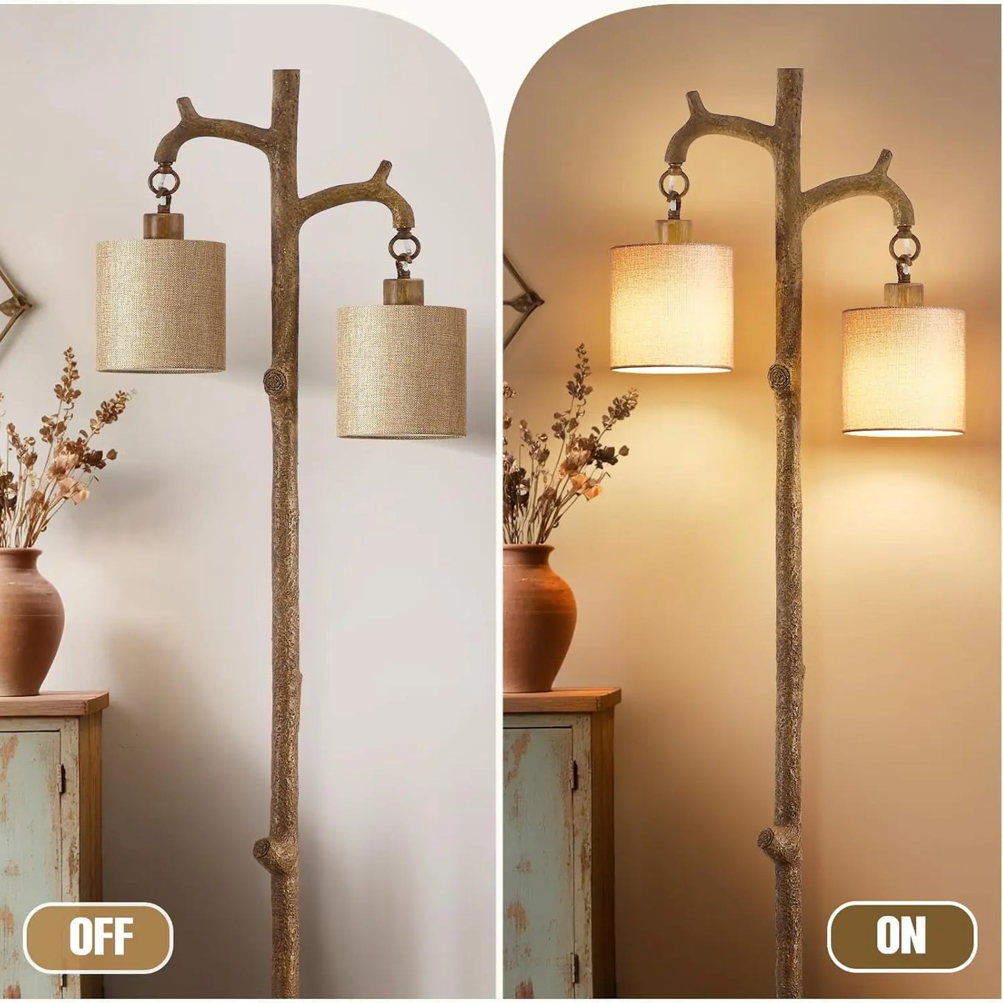 Rustic Farmhouse Floor Lamp with LED Bulbs - Tree Trunk Design for Living Room, Bedroom, Office Decor
