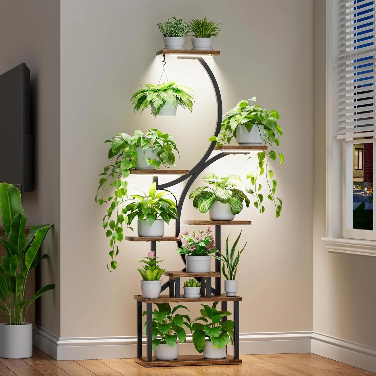 Plant Stands for Indoor Growing, 8 Tiered Large Flower Holder, S-Shaped Decorative Rack for Living Room, Brown