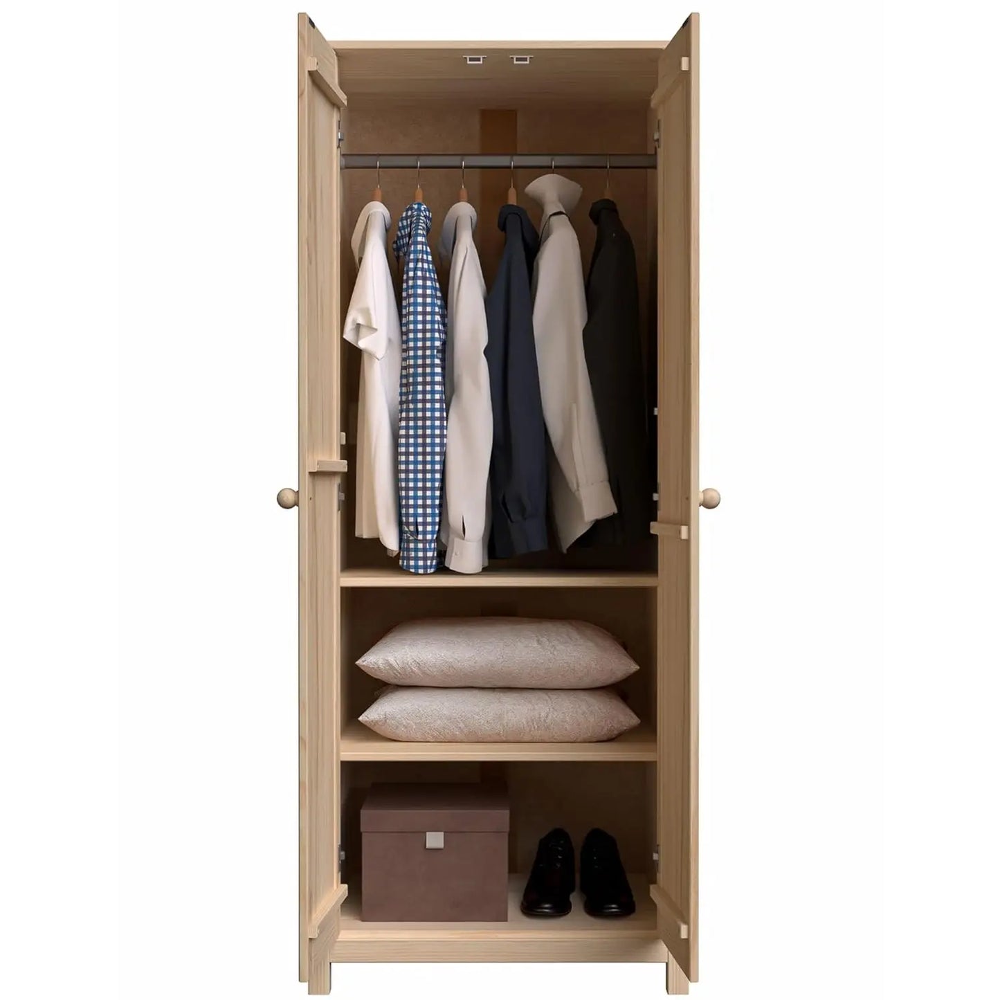 Solid Wood Armoire – 2-Door Wardrobe Cabinet with Adjustable Shelves, Tall Bedroom Storage Closet, Unfinished